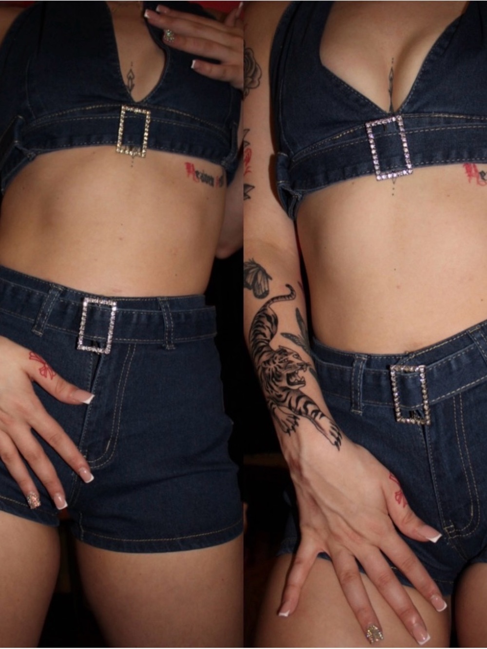 Dark Denim High-Waist Women’s Shorts with Embellished Buckle